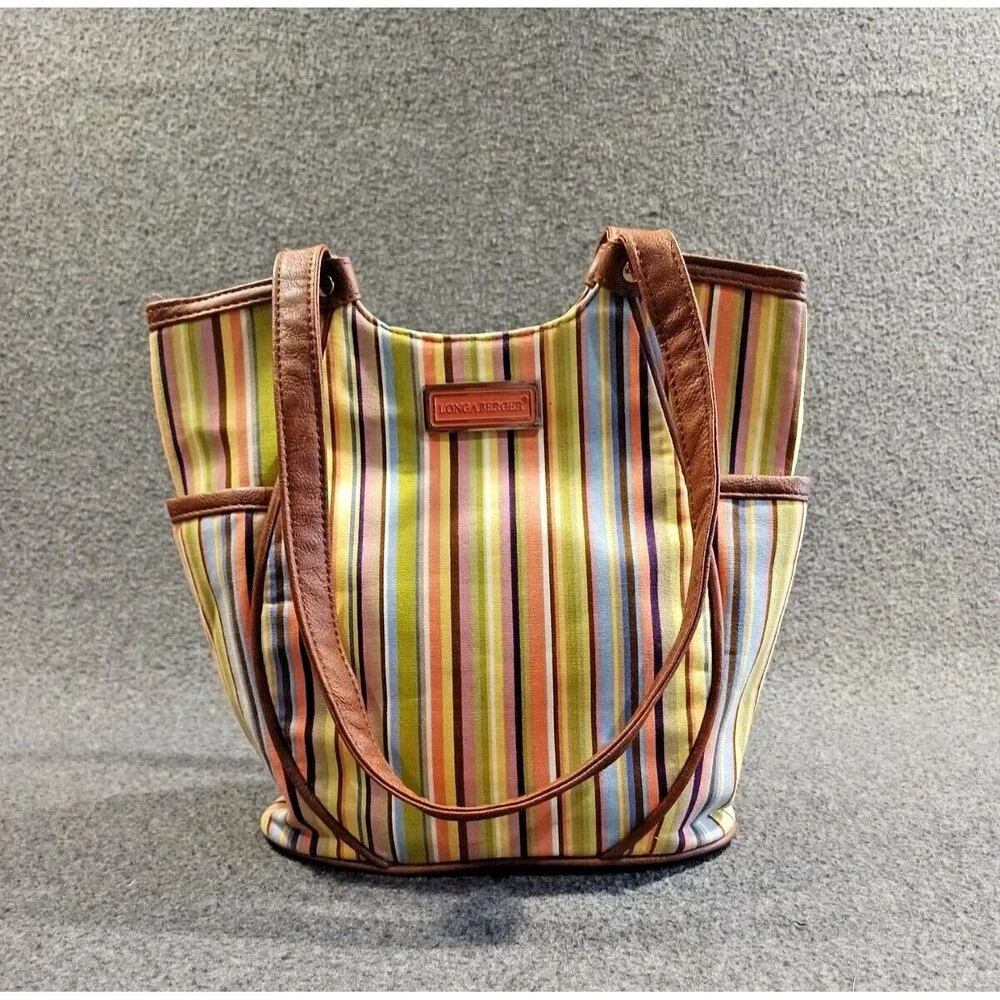 Longaberger Tote Bag Multicolor Stiped Brown Leather Handles and Bottom Pockets